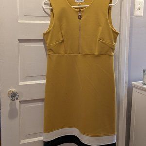 Calvin Klein yellow a-line dress w gold zipper, black and white striped hem Sz 6